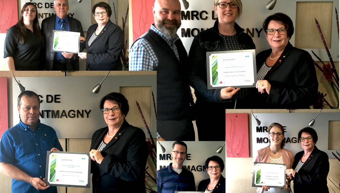 Les lauréats du Prix du patrimoine 2019 dévoilés! Les lauréats accompagnés de Mme Jocelyne Caron, préfet de la MRC de Montmagny: (de gauche à droite, rangée du haut) Vicky et Sylvain Vézina, d'Accordéon Mélodie, Jocelyn Landry et JoAnne Dougall. (Rangée du bas) Guy Boivin, conseiller municipal de Saint-Paul-de-Montminy, Marc-André Beaumont de l'école Saint-Nicolas et Catherine Dancause de la fromagerie de l'Île-aux-Grues.