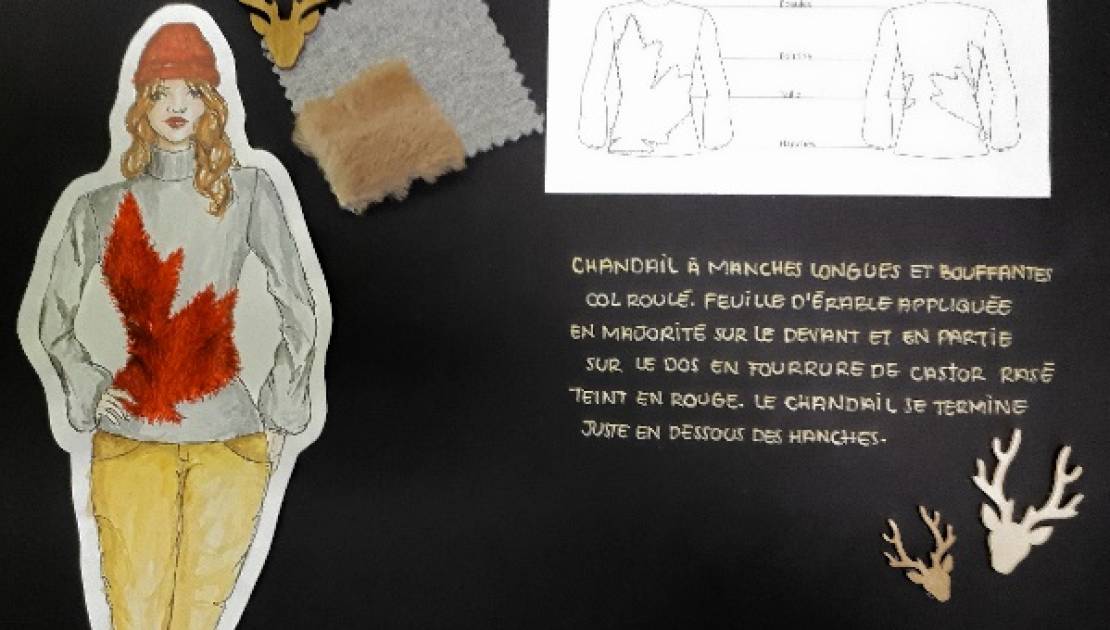 42e Salon du trappeur et de la fourrure à Lévis Les élèves en design de l’École de mode du Campus Notre-Dame-de-Foy ont rivalisé d’imagination pour proposer des vêtements et accessoires mettant en valeur les fourrures canadiennes. Sur la photo, on voit le design de Sarah-Jane Lapierre, un chandail avec feuille d’érable stylisée en castor rasé rouge.