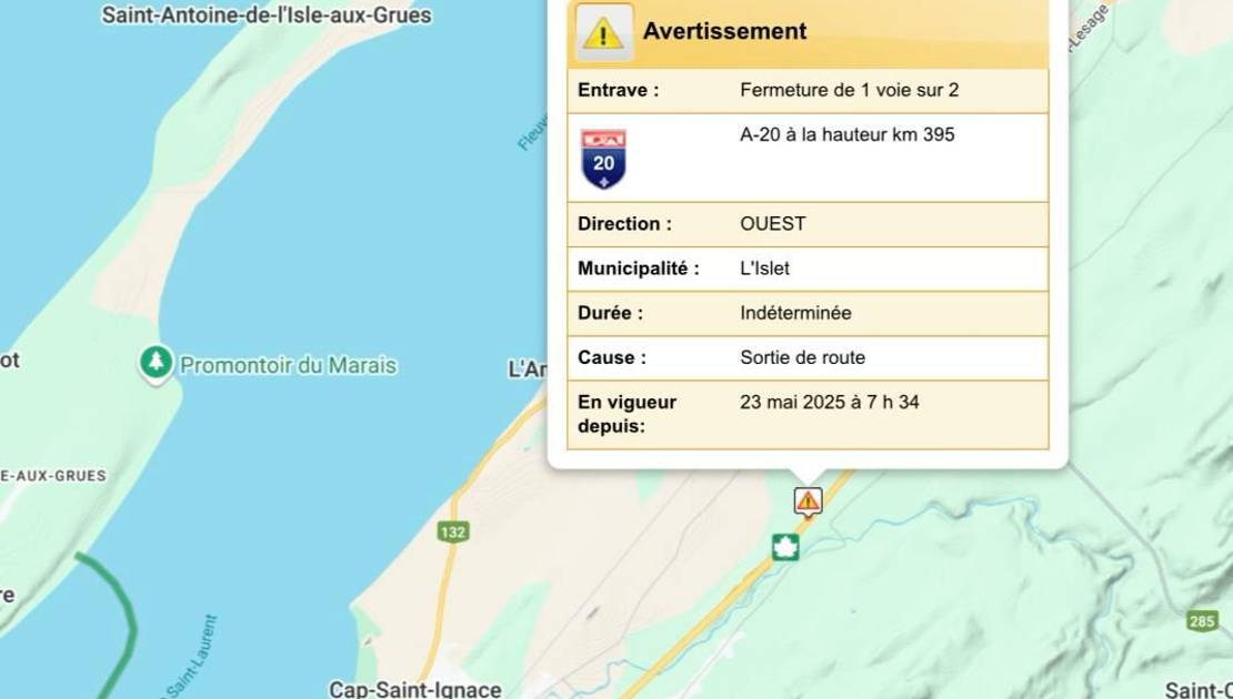Remorquage d’un camion force la fermeture d’une voie sur l’autoroute vers L’Islet Capture d’écran Québec 511.