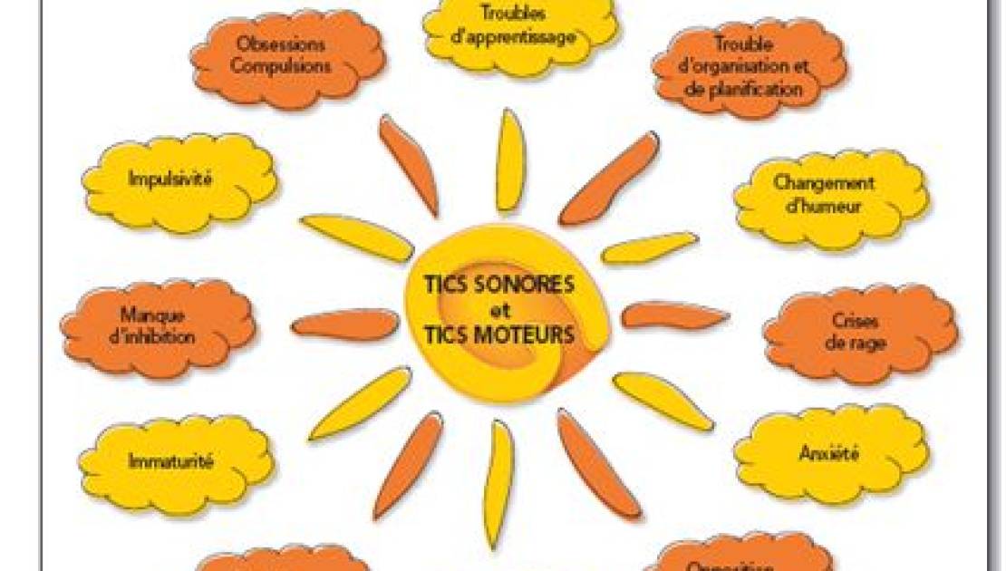 Ce soleil symbolise le syndrome Gilles de la Tourette dans toute sa complexité. Au centre, on retrouve les deux symptômes permettant d’obtenir un diagnostic et les rayons représentent les nombreux troubles associés.