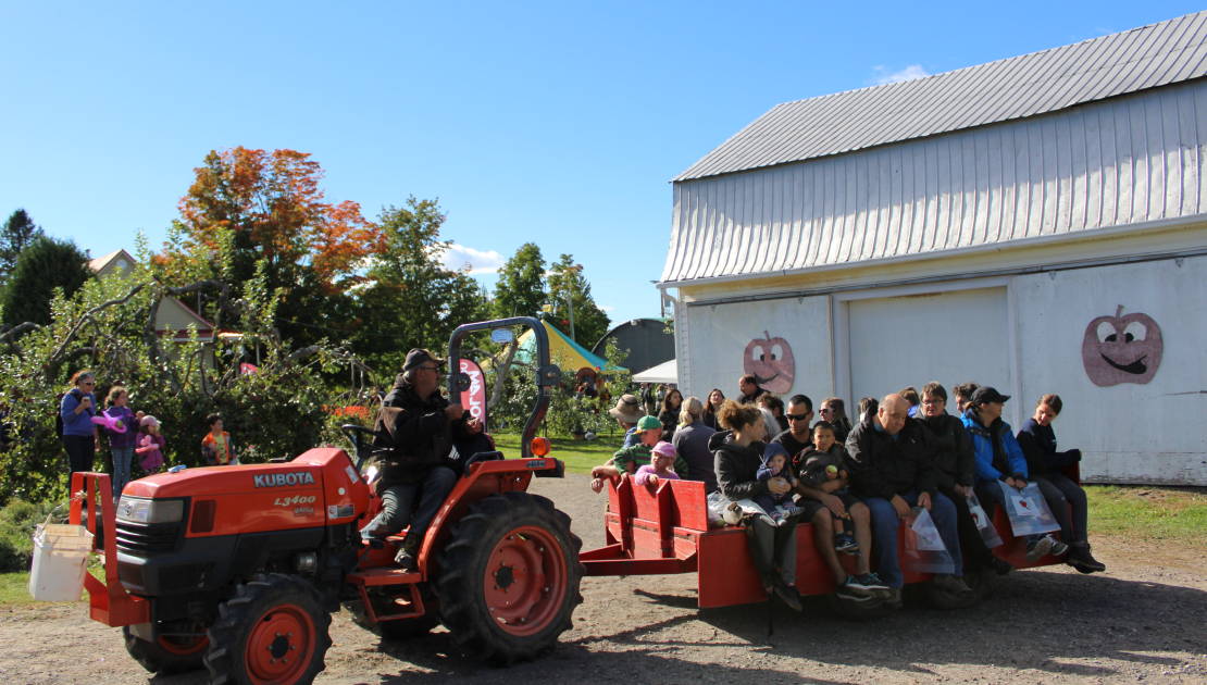 Le tracteur amène les visiteurs au verger d’autocueillette.