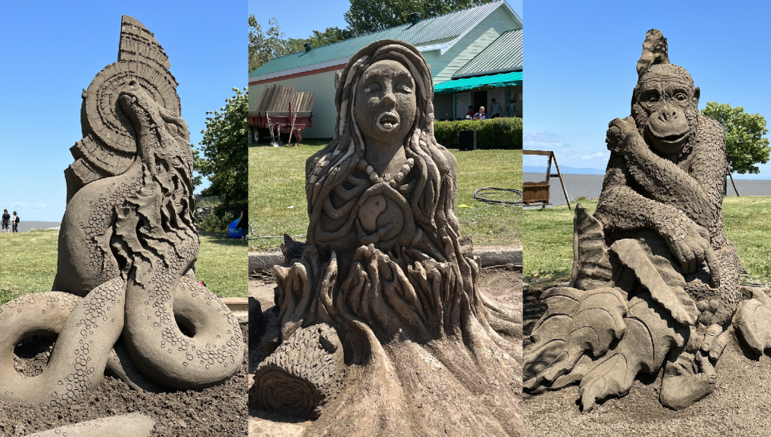 Les sculptures sur sable gagnantes: à gauche, la création de Jonathan Bouchard, au centre, celle de Véronique Gagné et à droite, la sculpture de Marie-Line Gagné. (Photos de courtoisie)