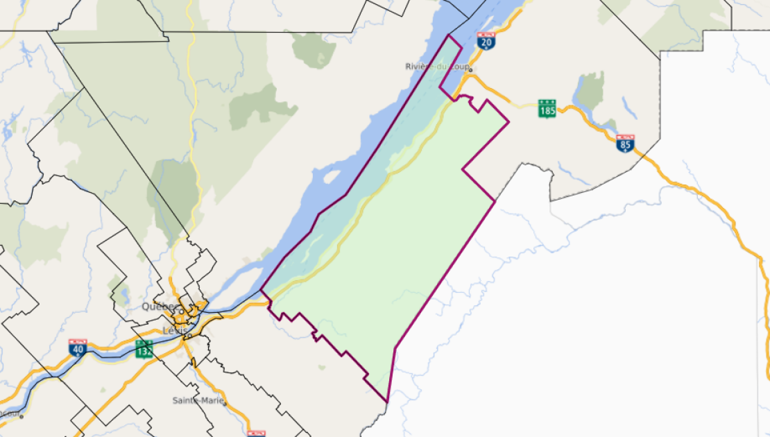 La zone encadrée représente la circonscription de Côte-du-Sud. (Crédit : Gouvernement du Québec)