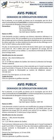 AVIS PUBLIC : demande de dérogation mineure.