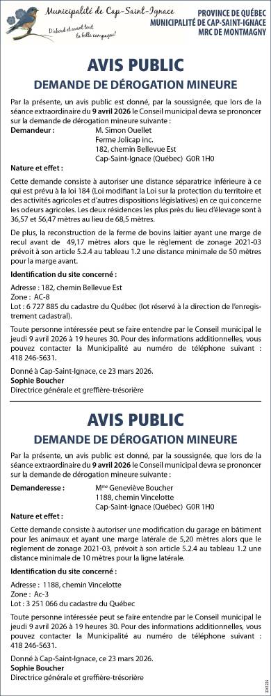 AVIS PUBLIC : demande de dérogation mineure.