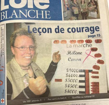 $!Hélène Caron à la une du Journal l’Oie Blanche du 3 juin 2009 après que sa marche ait réussi à amasser plus de 10 000 $.