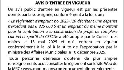 Avis d’entrée en vigueur - MRC de Montmagny