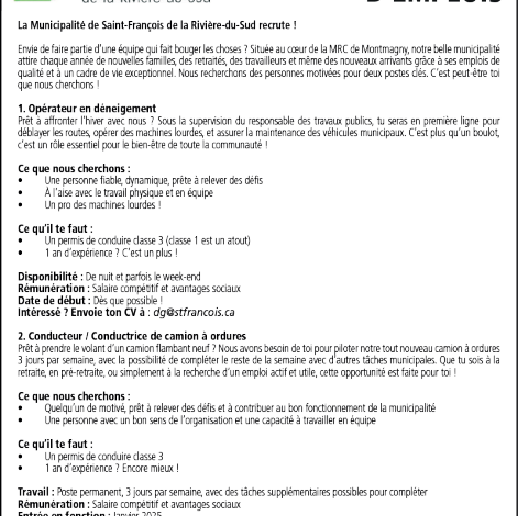 Offres d’emploi- Municipalité Saint-François-de-la-Rivière-du-Sud