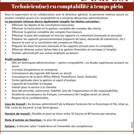 Offre d’emploi - Technicien(ne) en comptabilité à temps plein