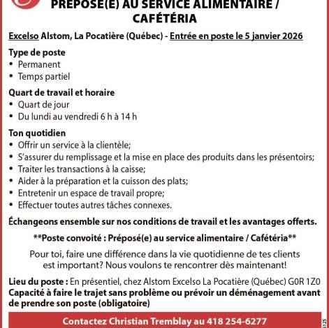 Offre d’emploi - Préposé (e) au service alimentaire/ Cafétéria