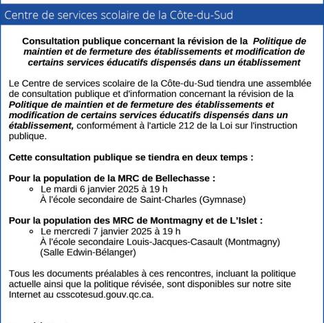 Avis public - Centre de services scolaire de la Côte-du-Sud