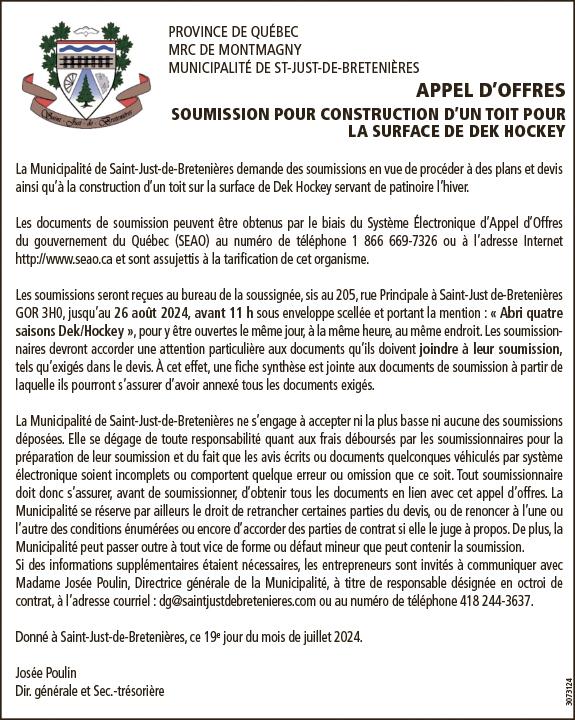 Soumission pour la construction d’un toit