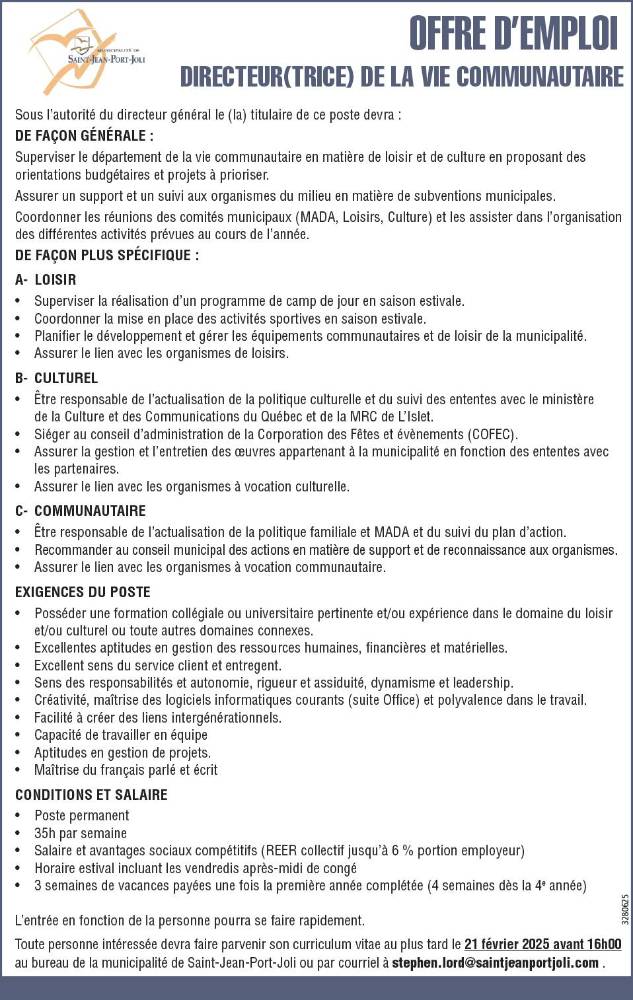 DIRECTEUR(TRICE) DE LA VIE COMMUNAUTAIRE