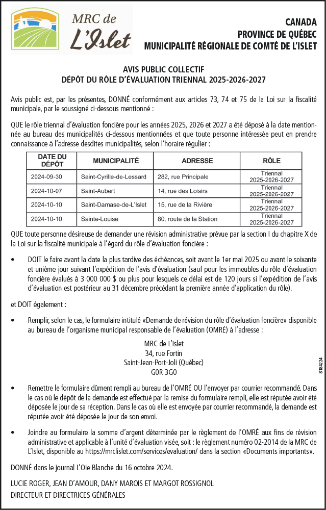 Avis public collectif de la MRC de L’Islet