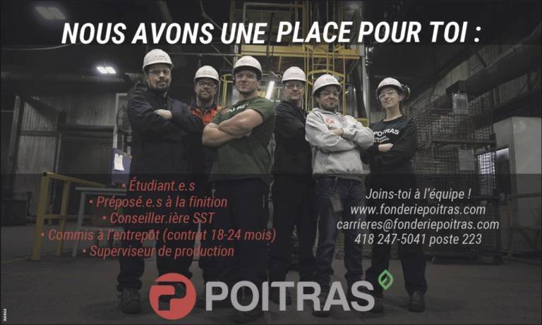 Préposé.e.s à la finition • Conseiller.ère SST • Commis à l’entrepôt • Superviseur de production