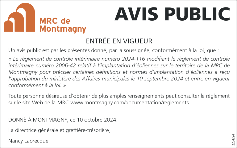 Avis public de la MRC de Montmagny