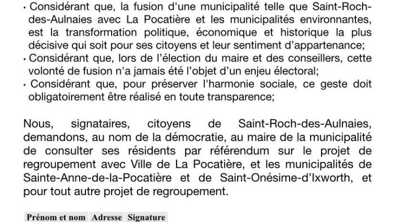 $!Voici la pétition soumise aux résidents de Saint-Roch-des-Aulnaies.