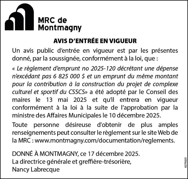 Avis d’entrée en vigueur - MRC de Montmagny