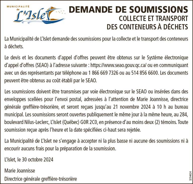 Demande de soumissions- Municipalité de L’Islet