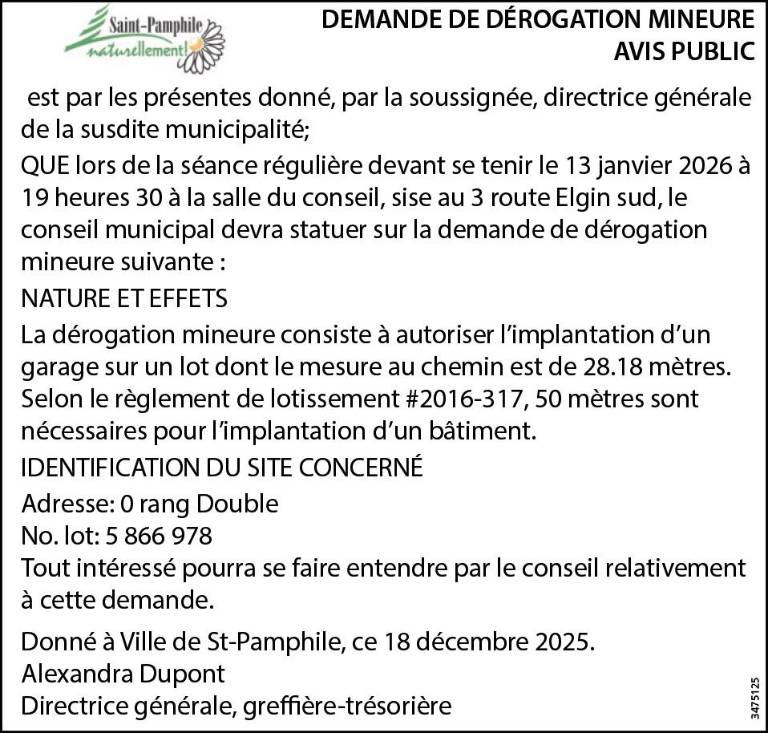 Avis public - Ville de Saint-Pamphile