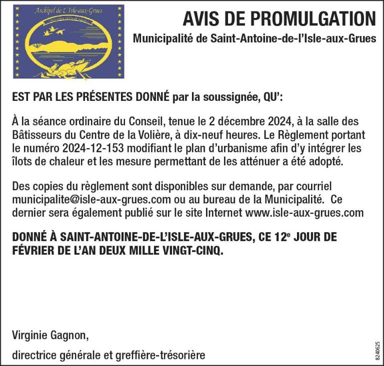 AVIS DE PROMULGATION