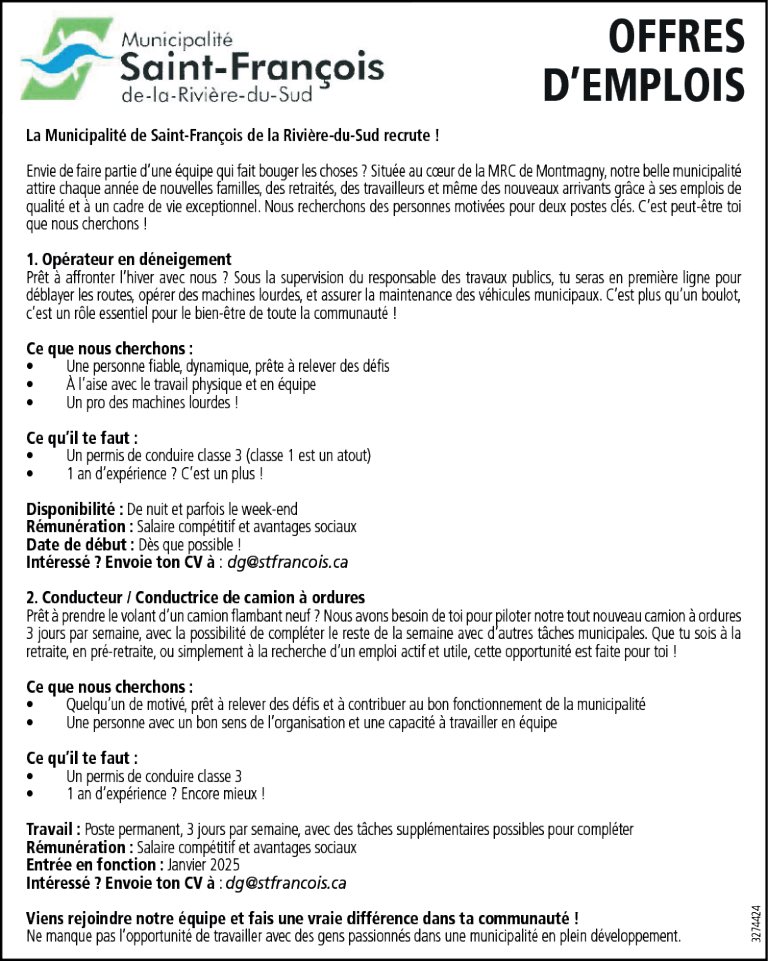 Offres d’emploi- Municipalité Saint-François-de-la-Rivière-du-Sud