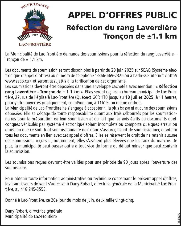 Réfection du rang Laverdière Tronçon de ±1.1 km