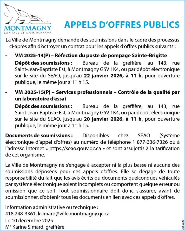 Appels d’offres publics- Ville de Montmagny