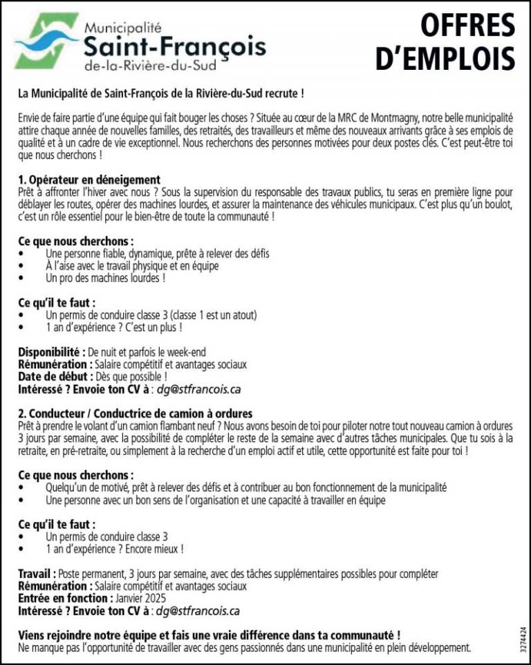 Offres d’emploi- Municipalité Saint-François-de-la-Rivière-du-Sud