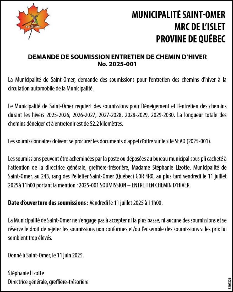 DEMANDE DE SOUMISSION ENTRETIEN DE CHEMIN D’HIVER