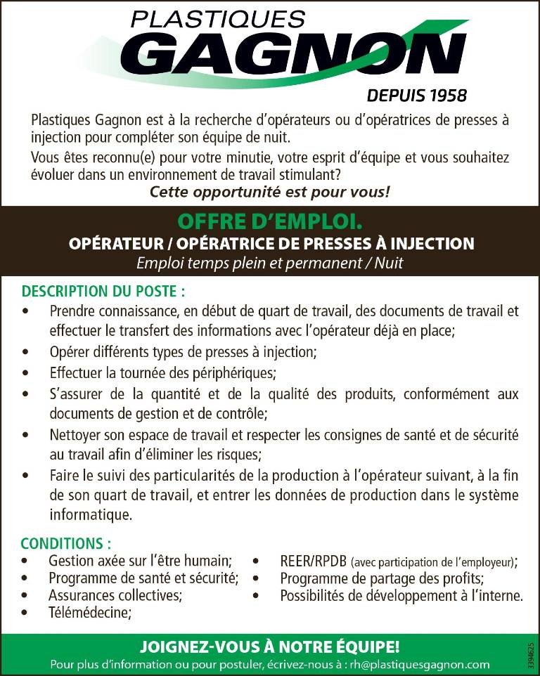 OPÉRATEUR / OPÉRATRICE DE PRESSES À INJECTION