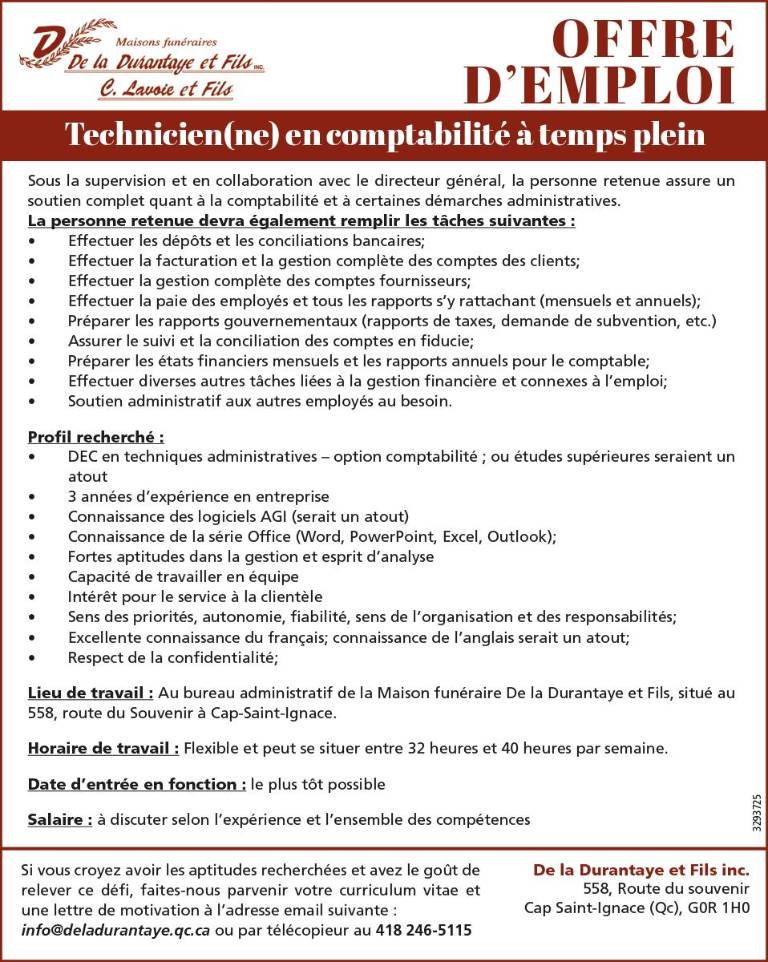 Offre d’emploi - Technicien(ne) en comptabilité à temps plein