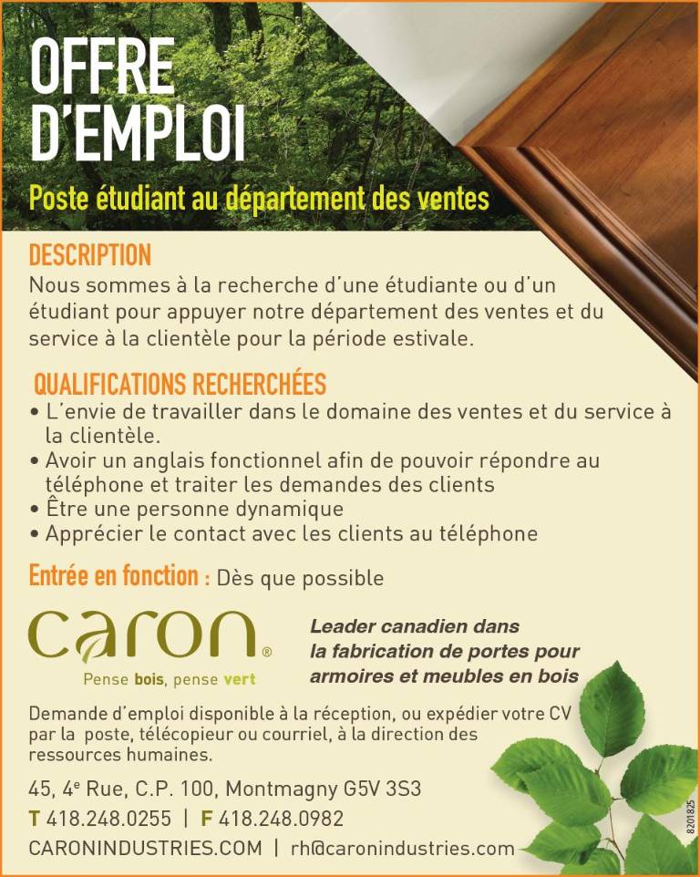 Poste étudiant au département des ventes