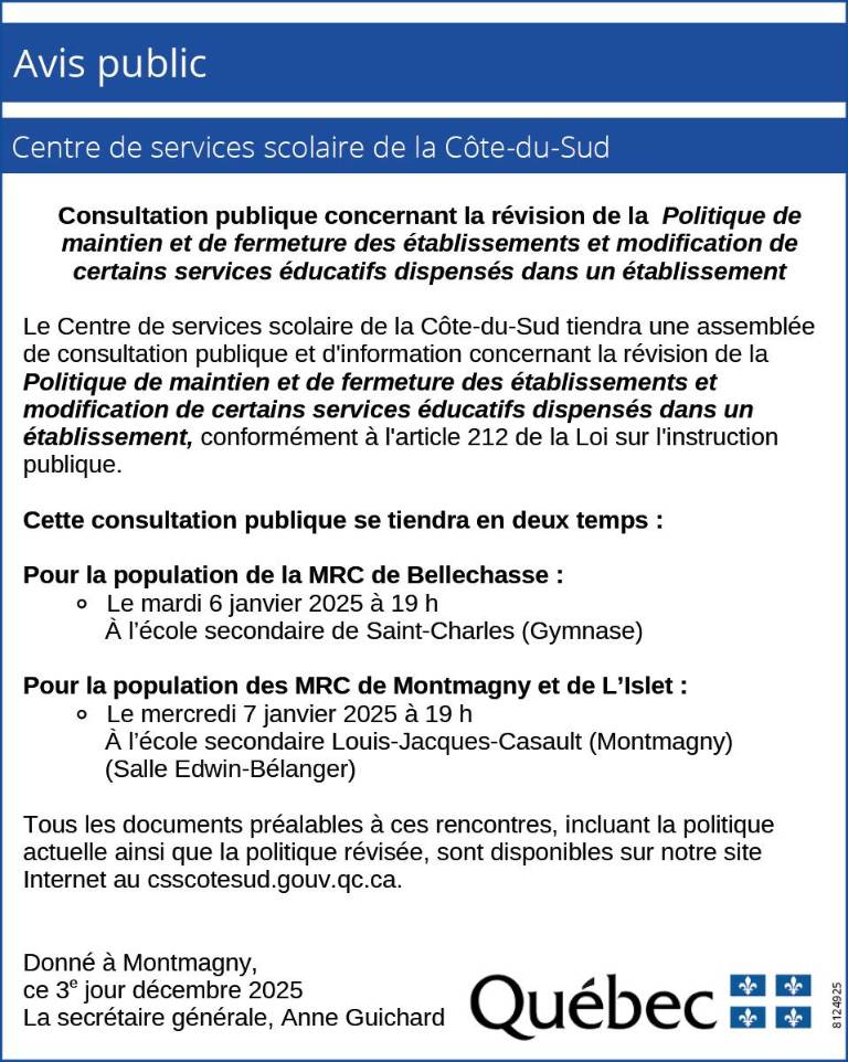 Avis public - Centre de services scolaire de la Côte-du-Sud