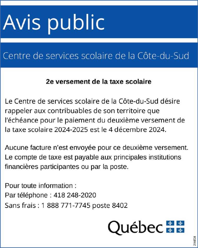 Avis public- Centre de services scolaires de la Côte-du-Sud