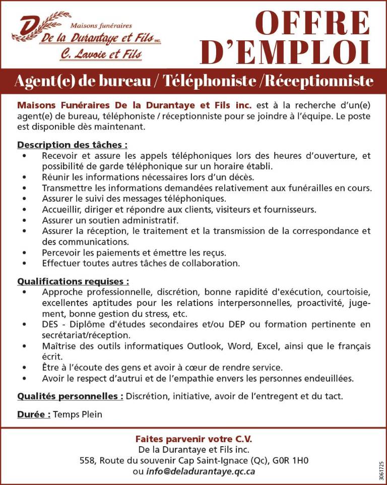 Agent(e) de bureau / Téléphoniste /Réceptionniste